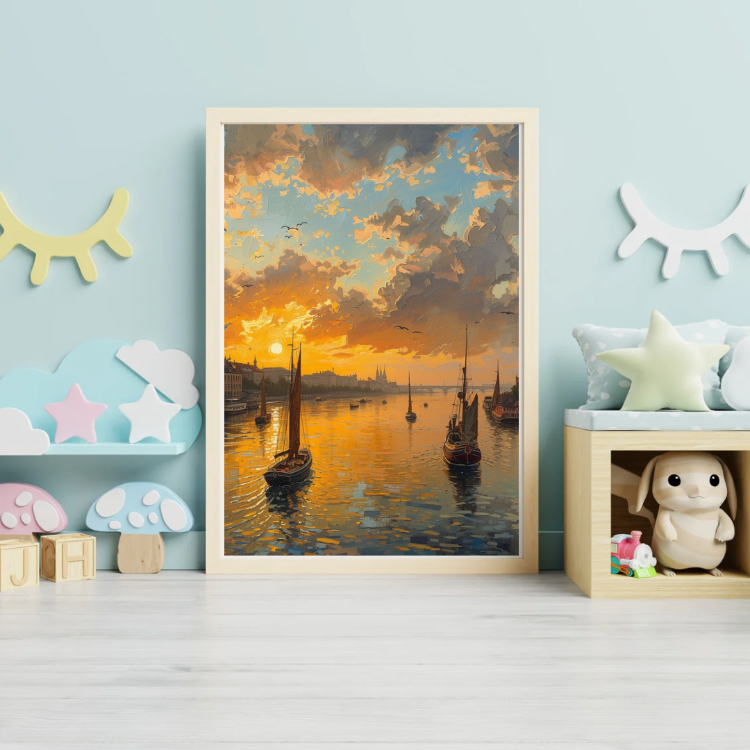 Historische haven zonsondergang schilderij in houten lijst staand op witte vloer naast witte kast met speelgoed en decoratieve wolkjes in kinderkamer – wall art print