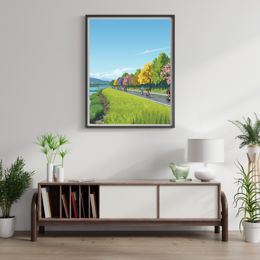 Alphen aan den Rijn herfstweg wielrenners schilderij in groene lijst aan witte muur boven donker houten tv-meubel met witte vaas en groene plant – wall art print woonkamer