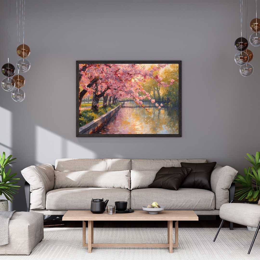 Alphen aan den Rijn kanaalpad kersenbloesem schilderij in zwarte lijst aan grijze muur boven beige bank met donkere kussens en houten salontafel – wall art print woonkamer