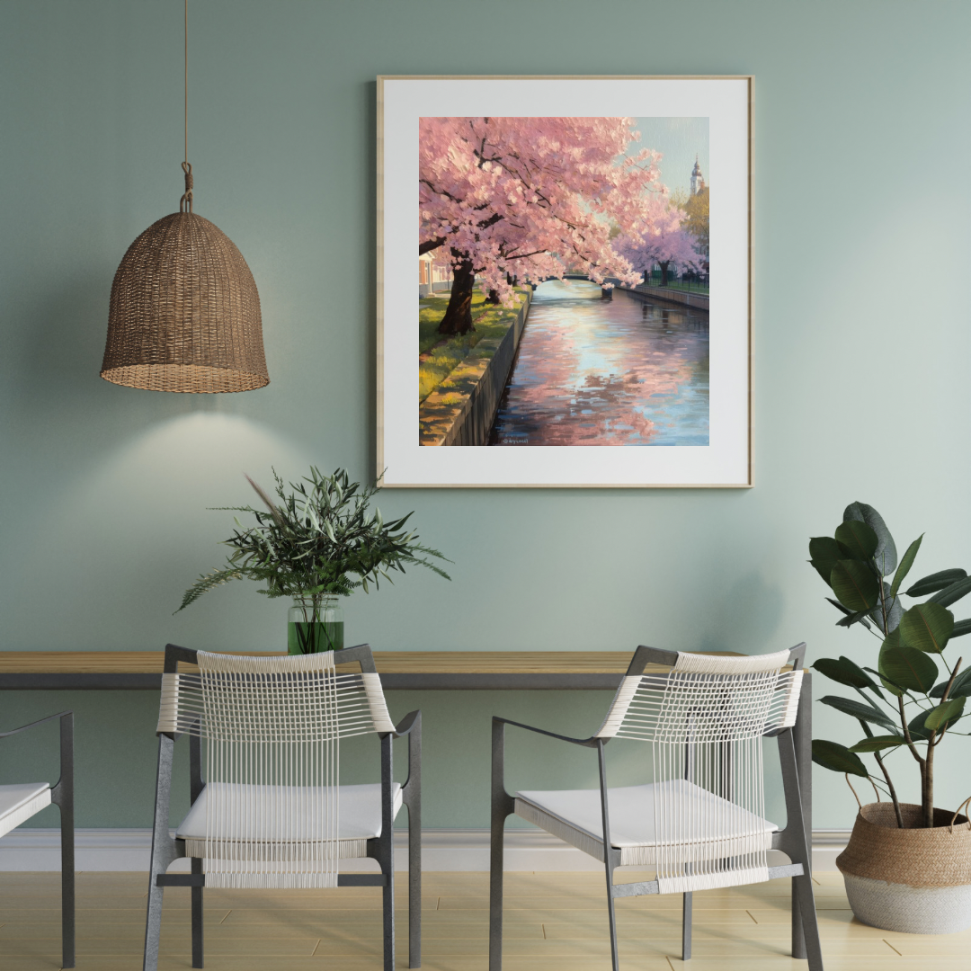 Alphen aan den Rijn kersenbloesem kade schilderij in witte lijst aan saliegroen muur boven witte eettafel met witte stoelen en hanglamp – wall art print eetkamer