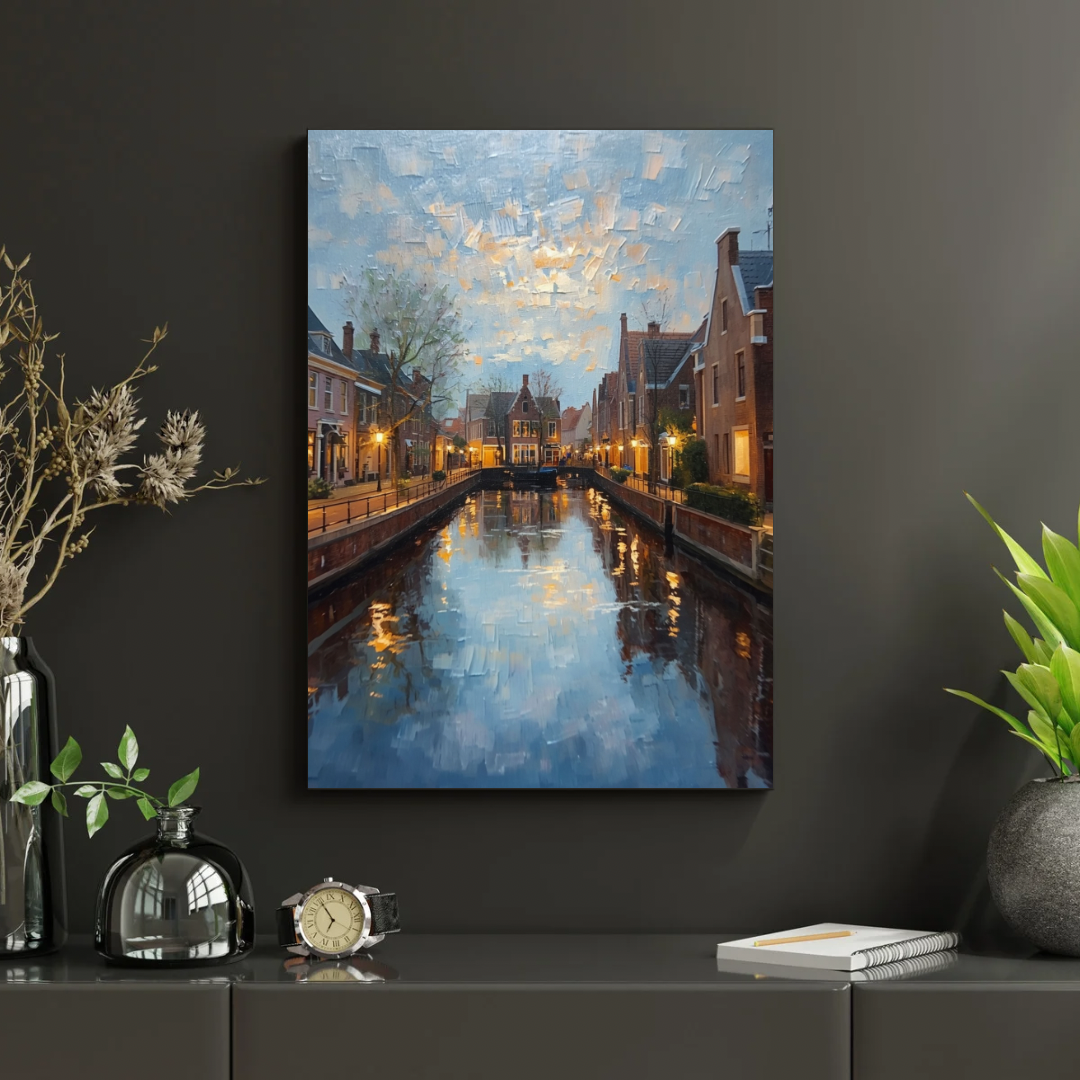 Alphen aan den Rijn schemering gracht schilderij in zwarte lijst aan donkere antraciet muur naast witte droogbloemen en groene plant op donker dressoir – wall art print interieur