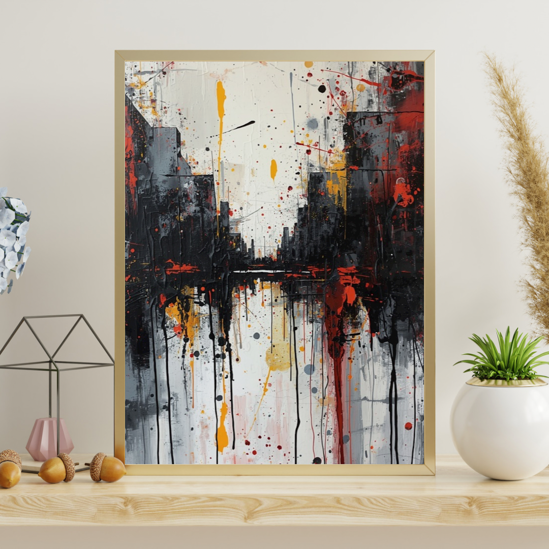 Amersfoort abstract stadsgezicht schilderij in gouden lijst staand op houten plank naast geometrische decoratieve objecten en witte vaas aan witte muur – wall art print interieur