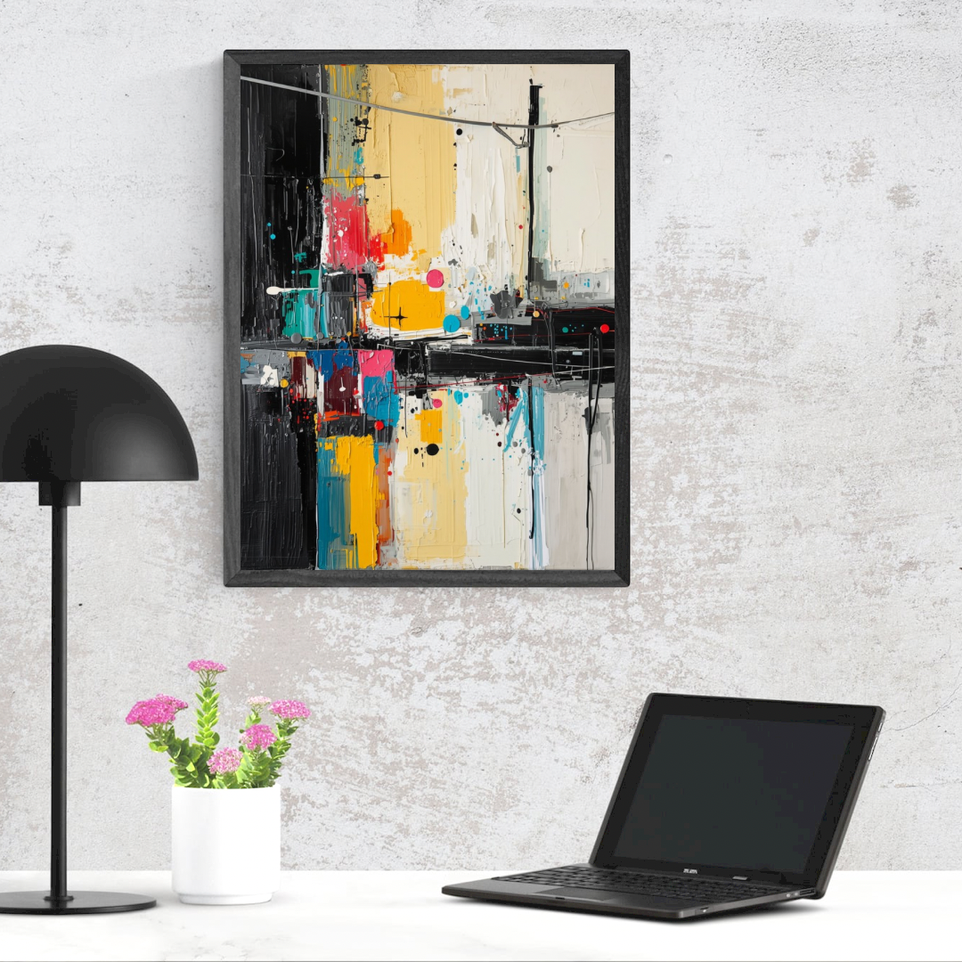 Amersfoort abstract kleurspel schilderij in zwarte lijst aan betonnen muur naast zwarte vloerlamp en laptop op bureau met roze bloemen – wall art print thuiskantoor