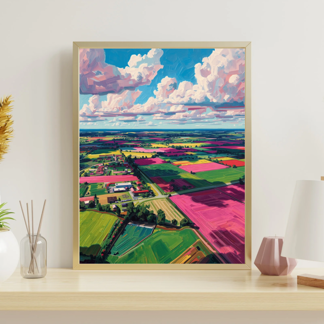Nederlands polder luchtfoto felroze percelen schilderij in witte lijst staand op houten plank naast witte vaas en beige decoratieve objecten – wall art print interieur