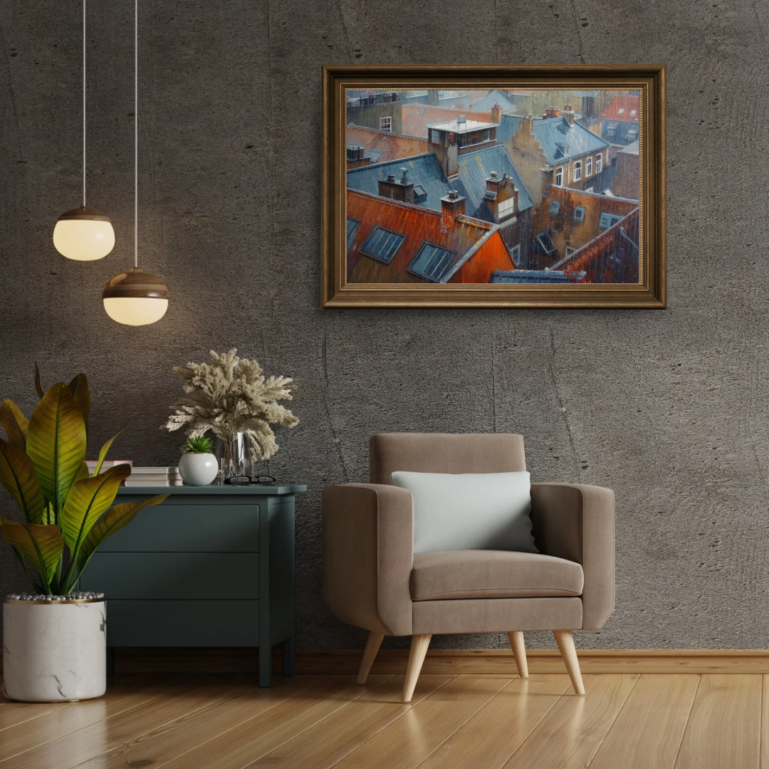daken regenachtige schemering schilderij in houten lijst aan donkere antraciet muur boven groene fauteuil met witte kussens en hangende gloeilampen – wall art print woonkamer