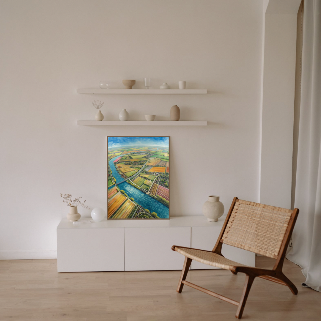 Nederlands polder aquarel luchtfoto kleurrijke percelen schilderij in zwarte lijst aan witte muur naast houten fauteuil en witte plank met decoratieve objecten – wall art print interieur