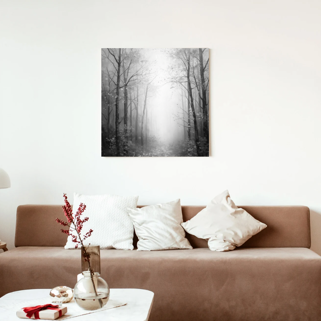 Zwart-wit mistig winterbos kale bomen sneeuwvlokken schilderij in zwarte lijst aan witte muur boven bruine bank met witte kussens en takken in vaas – woonkamer schilderij