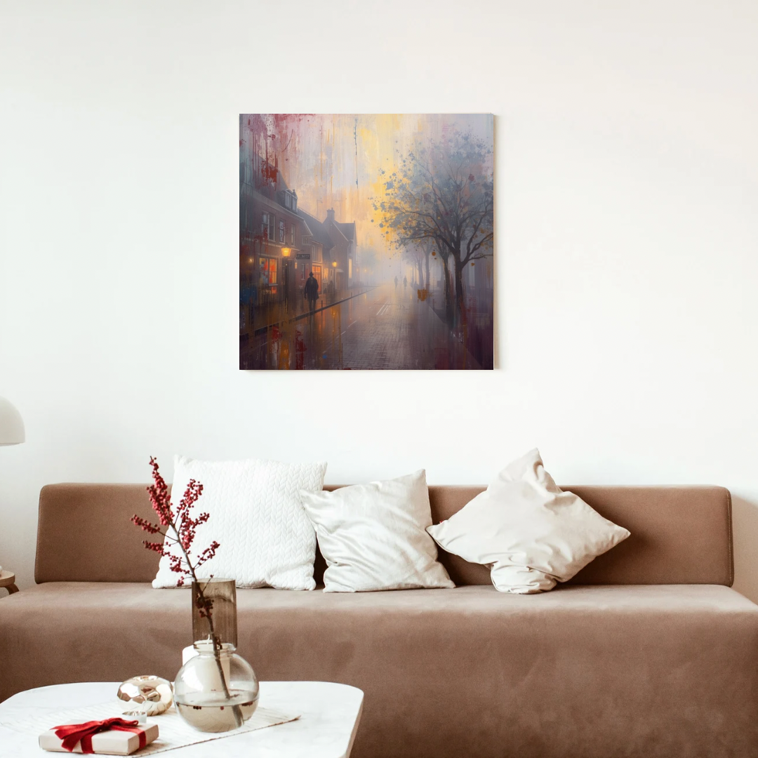 Mistige stadsstraat silhouet lantaarnlicht cinematografisch schilderij in zwarte lijst aan witte muur boven bruine bank met witte kussens en takken in vaas – woonkamer schilderij