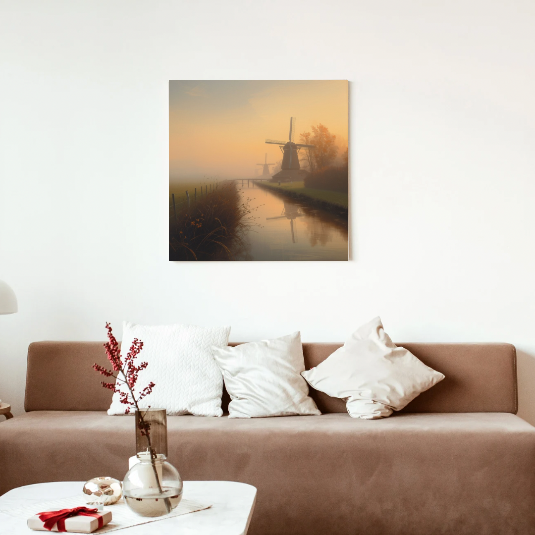 Nederlandse windmolens mistige zonsopgang gouden licht schilderij in zwarte lijst aan witte muur boven bruine bank met witte kussens en takken in vaas – woonkamer schilderij