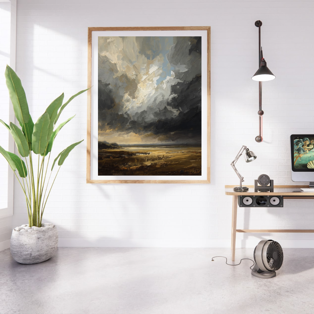 Stormlucht landschap gouden lichtdoorbraak schilderij in naturel houten lijst aan witte muur naast grote groene plant en houten bureau met lamp – cinematisch olieverf wall art studeerkamer