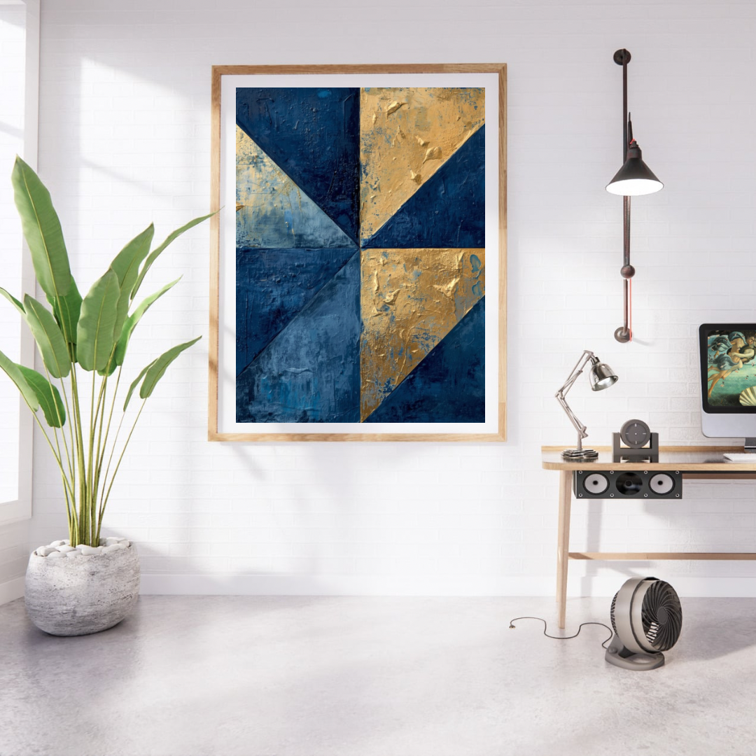 Abstract driehoeken marineblauw goud schilderij in naturel houten lijst aan witte muur naast grote groene plant en houten bureau met lamp – abstract olieverf wall art studeerkamer