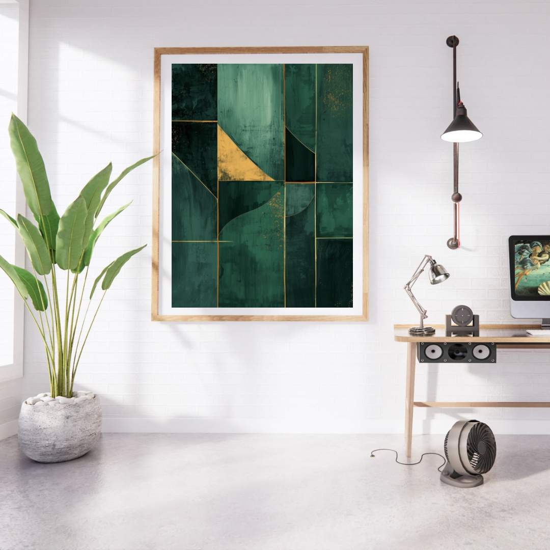 Abstract donkergroen goud patchwork schilderij in gouden lijst aan witte muur naast grote groene plant en houten bureau met lamp – modern wall art studeerkamer