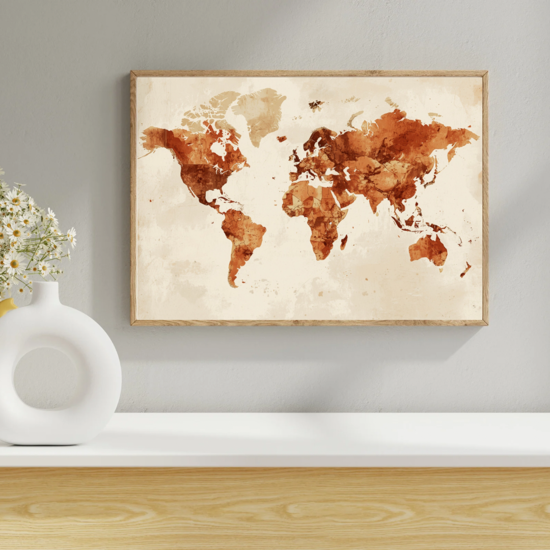 Vintage aquarel wereldkaart schilderij in terracotta en beige hangend aan grijze muur boven houten dressoir met witte vaas – klassiek reisdecor wall art studeerkamer
