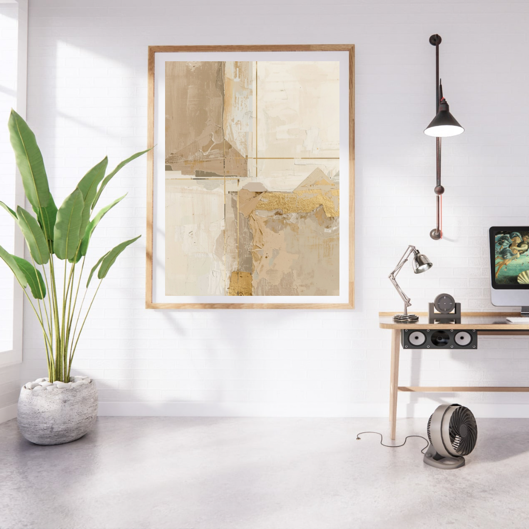 Abstract crème beige schilderij met organische vlakken in gouden lijst aan witte muur naast grote groene plant en houten bureau met lamp – minimalistisch wall art studeerkamer