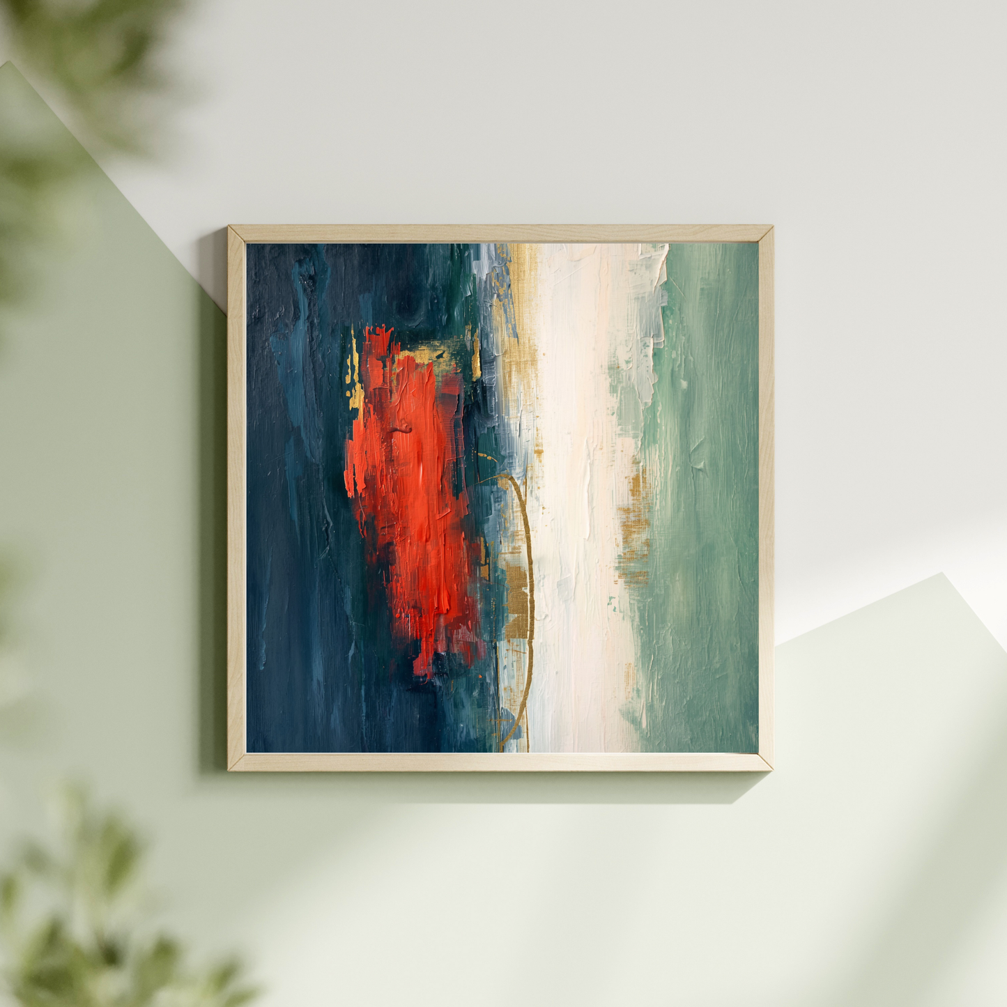 Abstract rood teal schilderij met vuurrood verfvlak op diepblauwe teal achtergrond in witte lijst hangend aan lichte muur met groene plant – gedurfd wall art overloop