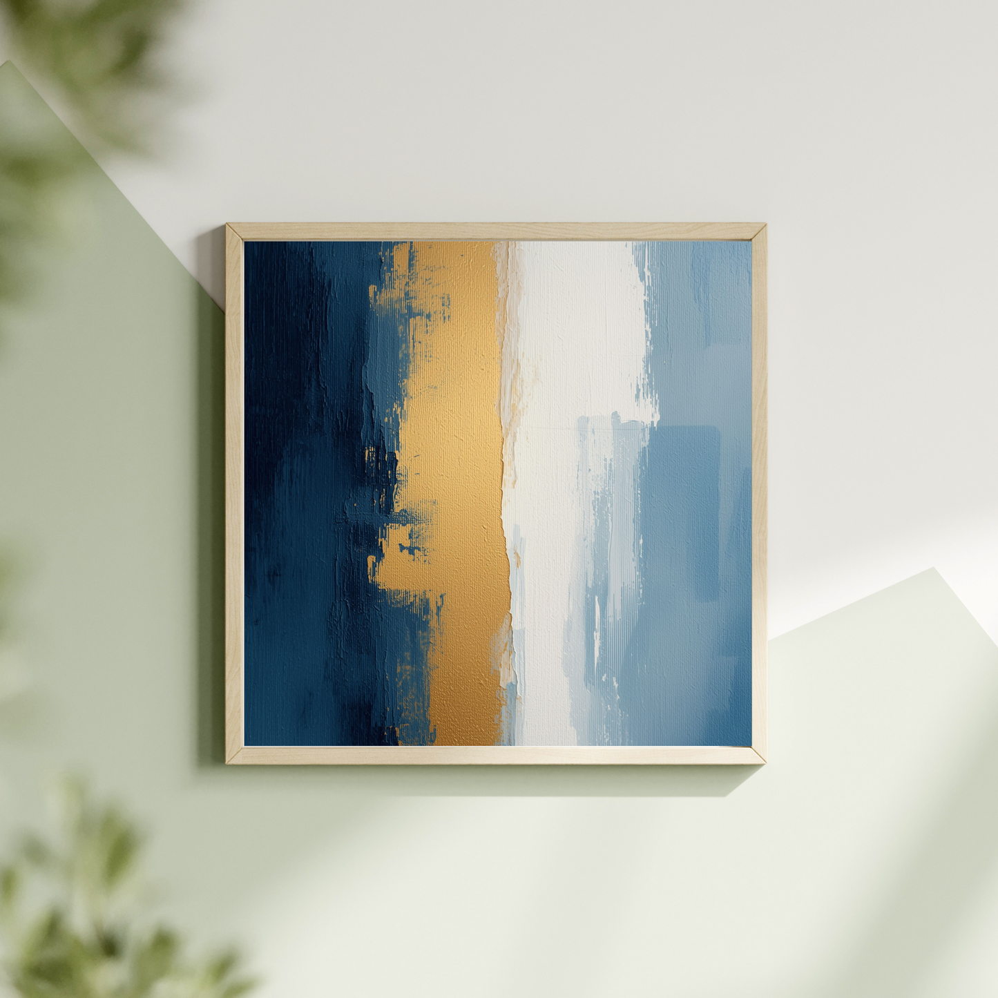 Abstract blauw oker schilderij met brede penseelstreken en warme oker vlakken in witte lijst hangend aan lichte muur met groene plant – eigentijds wall art overloop