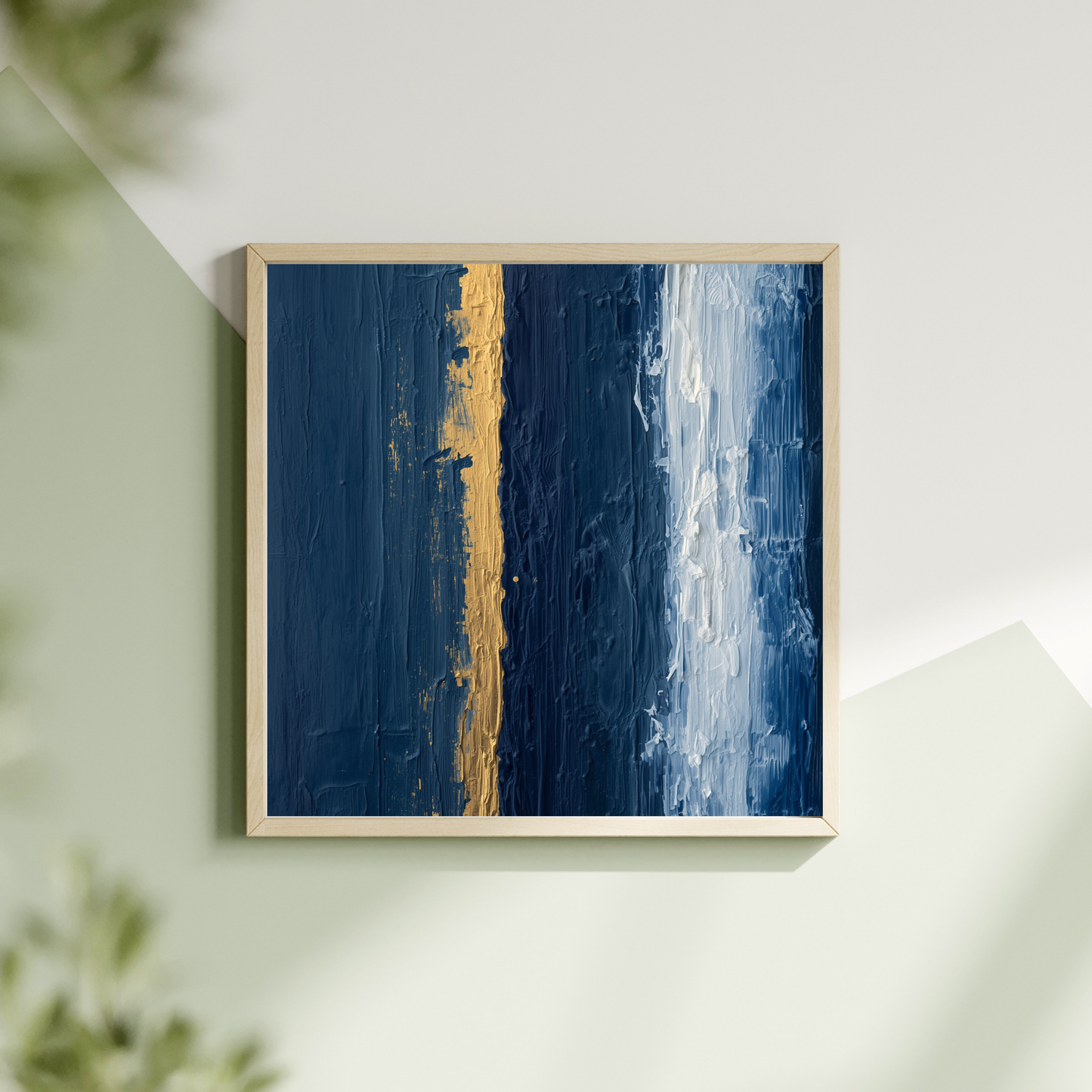 Abstract marineblauw goud schilderij met verticale gouden strepen en diepblauwe penseellagen in witte lijst hangend aan lichte muur met groene plant – stijlvol wall art overloop