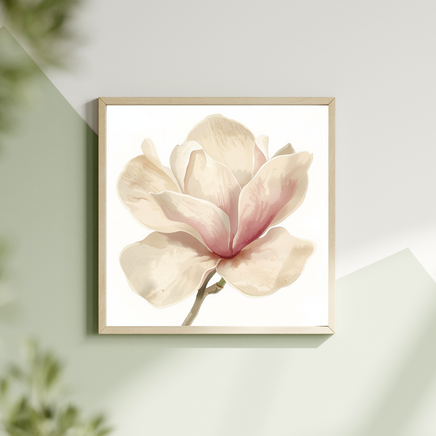 Aquarel magnolia schilderij met grote roze magnolia in aquarelstijl in gouden lijst hangend aan lichte muur met groene plant – romantisch botanisch wall art overloop