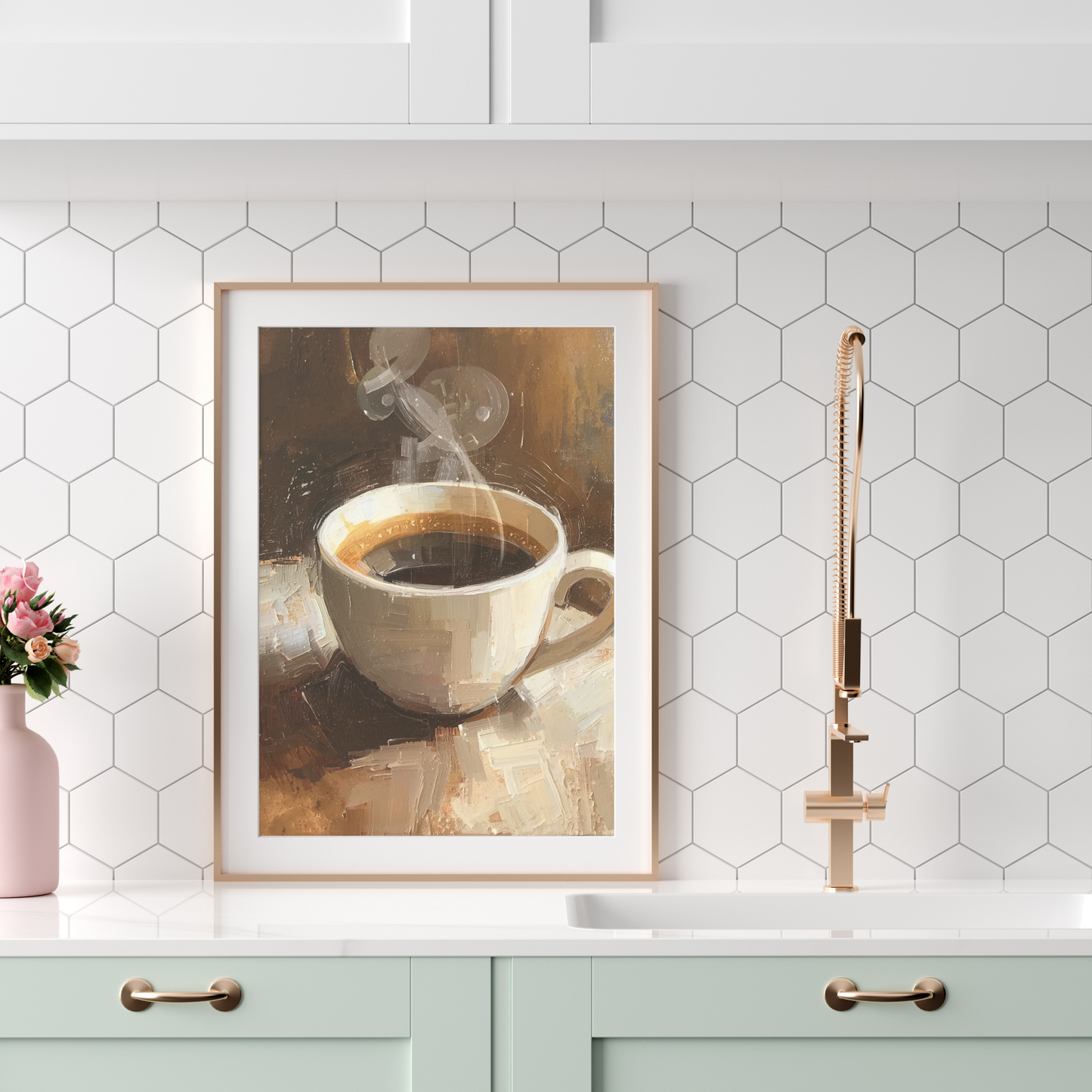 Dampende koffie canvas schilderij in beige lijst boven mintgroene keuken met gouden kraan — impressionistisch wanddecoratie