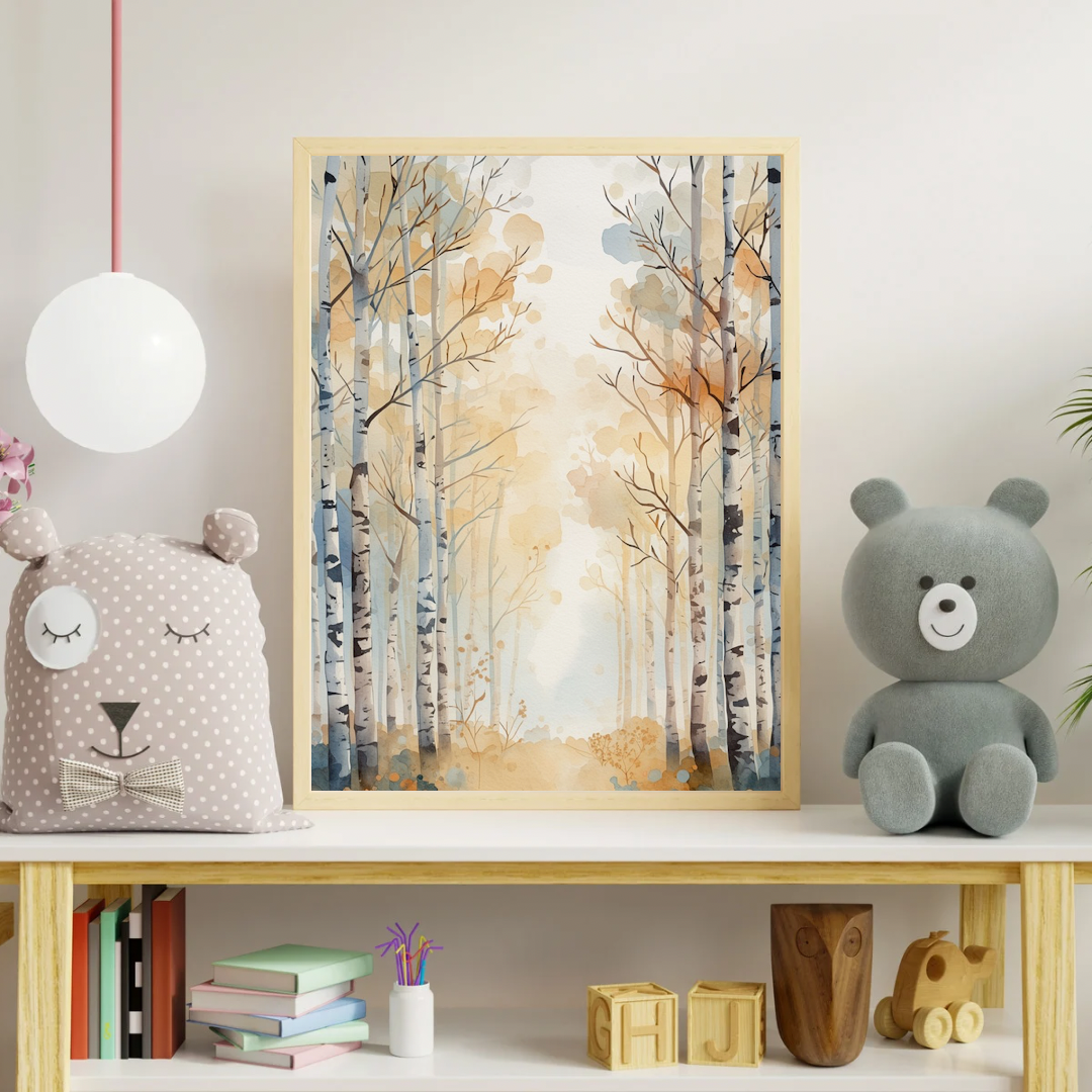 Aquarel berkenbos canvas schilderij aan kinderkamer muur boven plank met teddybeer — warme herfst tinten wanddecoratie