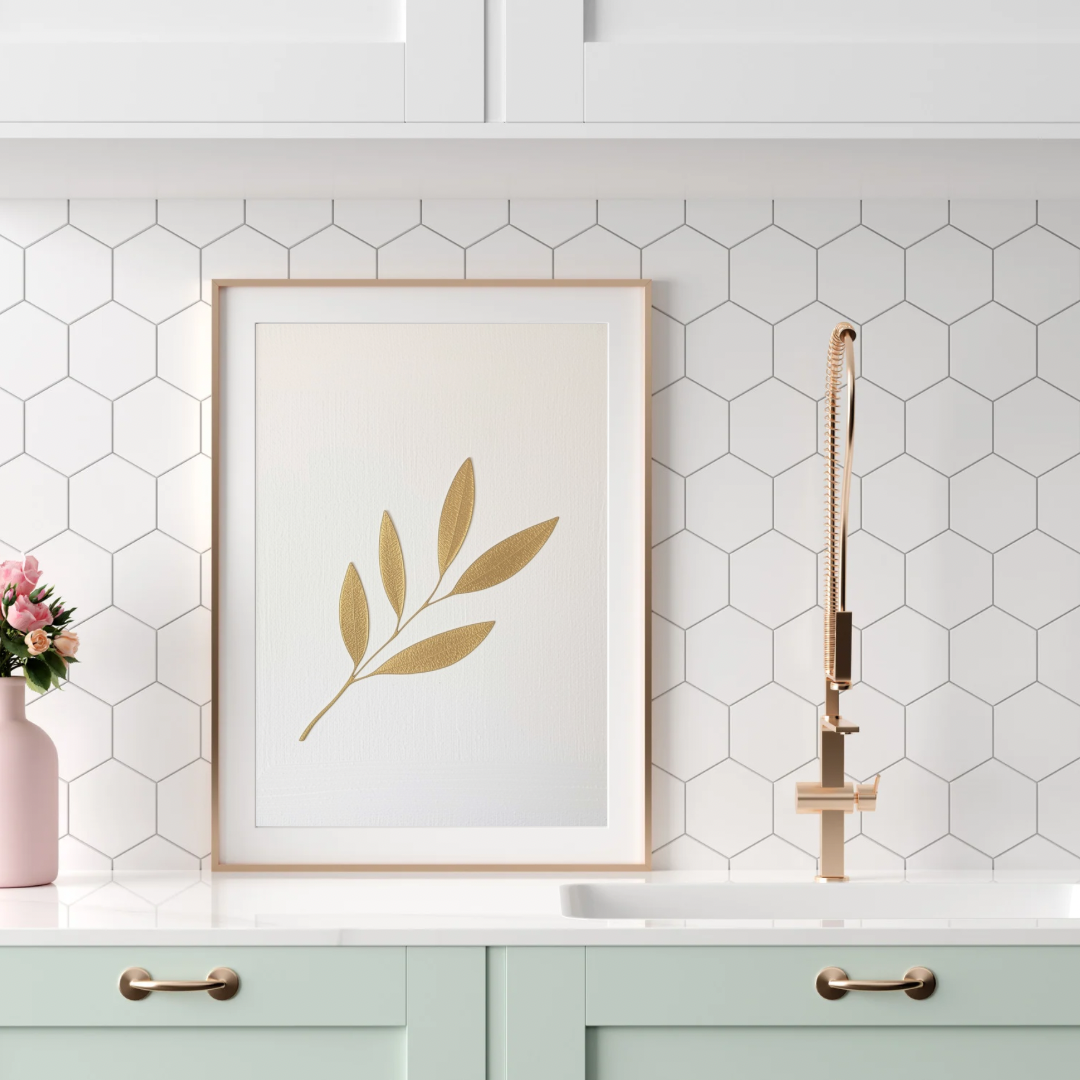 Gouden lauriertak canvas schilderij in beige lijst boven mintgroene keuken met gouden kraan — botanisch wanddecoratie