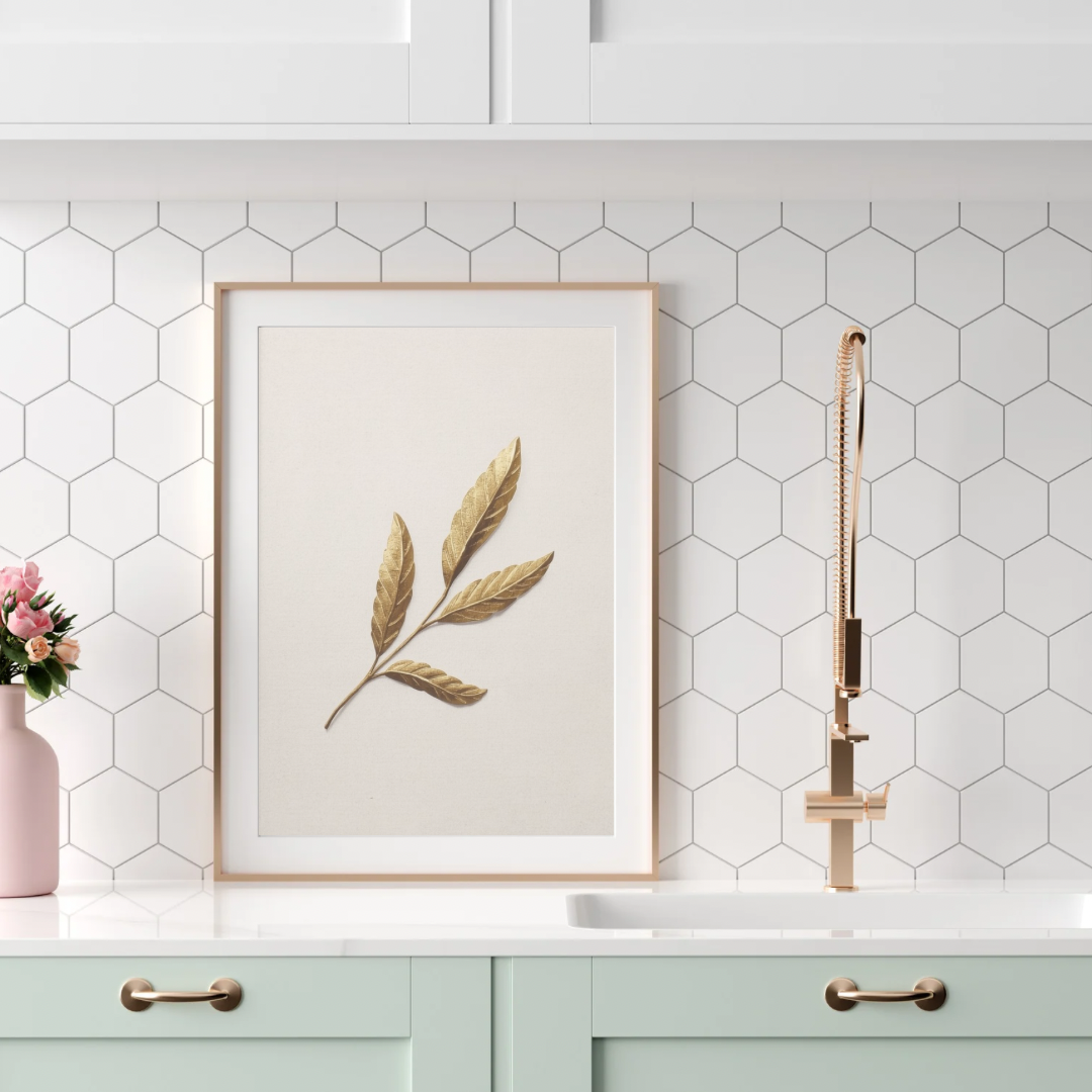 Gouden olijfblad canvas schilderij in beige lijst boven mintgroene keuken met gouden kraan — botanisch wanddecoratie
