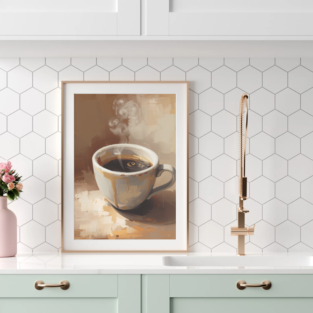 Koffie stilleven canvas schilderij in beige lijst boven mintgroene keuken met gouden kraan — warme tonen wanddecoratie
