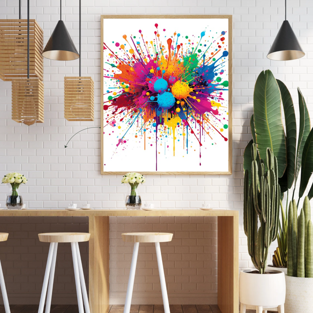 Verfspetter big bang canvas schilderij aan witte muur in hobbyruimte met houten tafels en hangende lampen — regenboog wanddecoratie