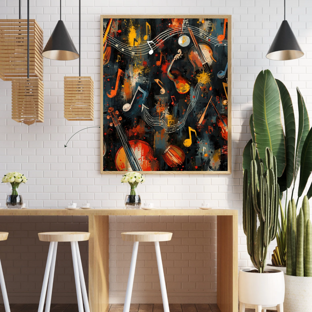 Muziekinstrumenten collage canvas schilderij aan witte muur in hobbyruimte met houten tafels en hangende lampen — viool noten wanddecoratie
