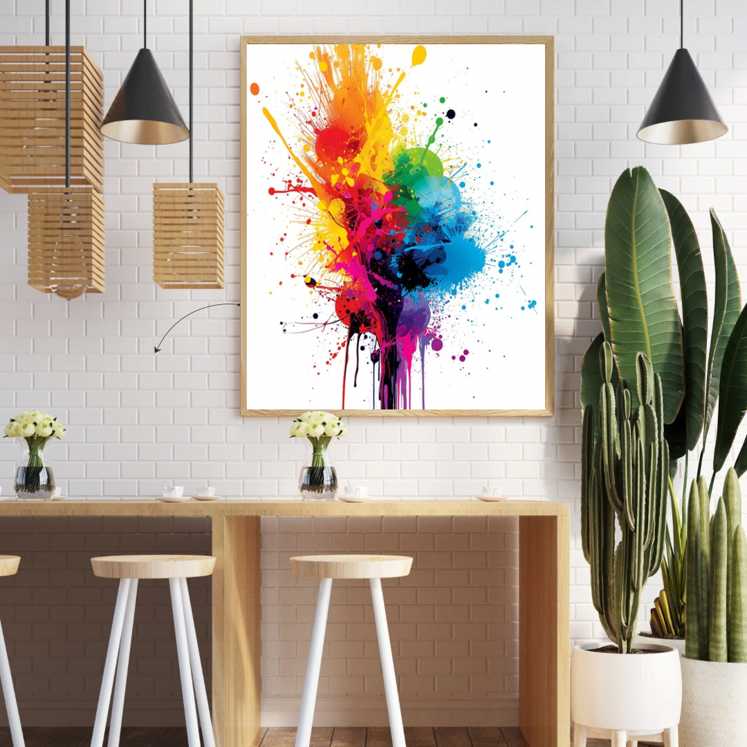Regenboog verfdruppel canvas schilderij aan witte muur in hobbyruimte met houten tafels en hangende lampen — kleurrijke splash wanddecoratie