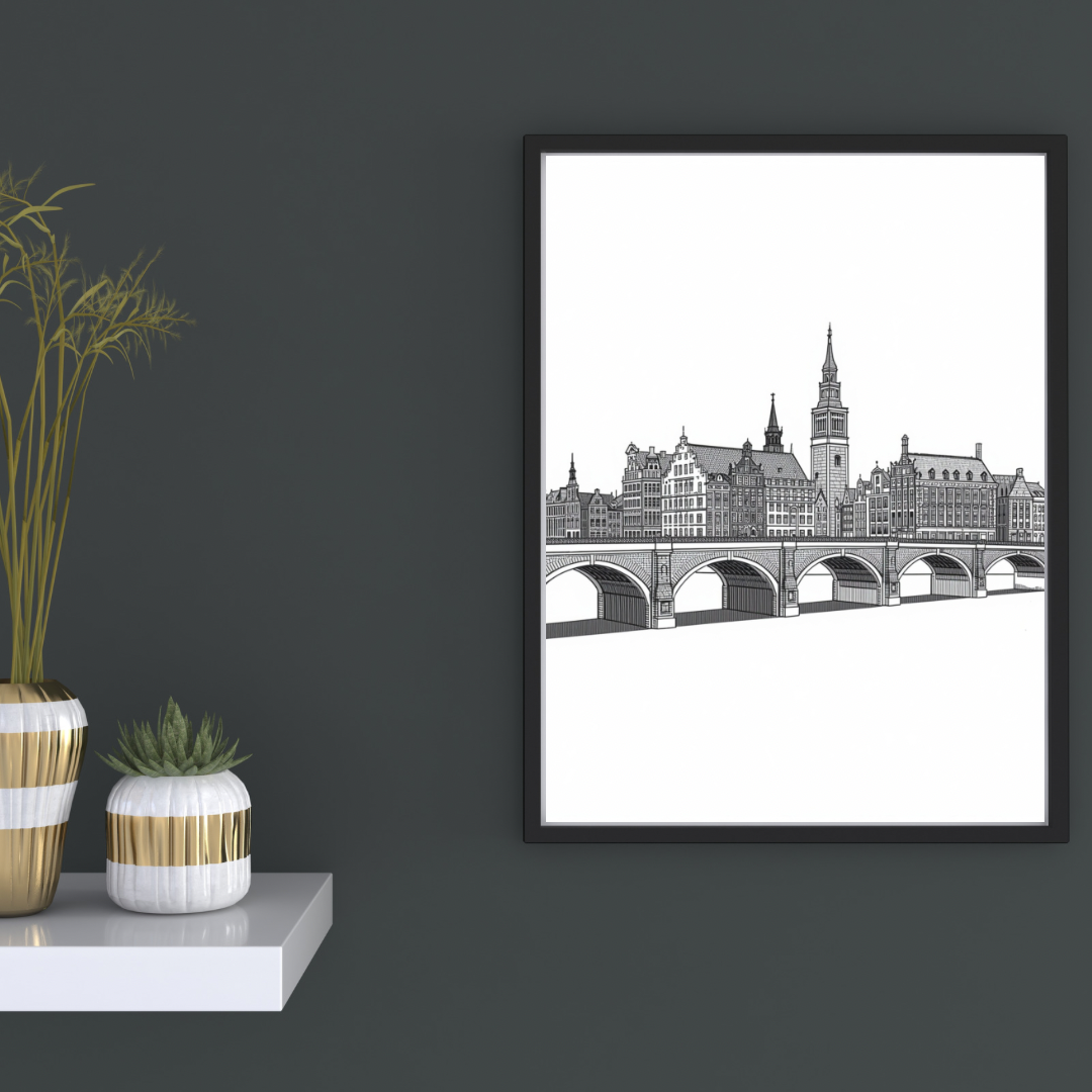 Zwart-wit stadsgezicht canvas schilderij met historische brug en gebouwen in zwarte lijst aan donkergrijze muur in hal met decoratieve vaas — klassiek wanddecoratie