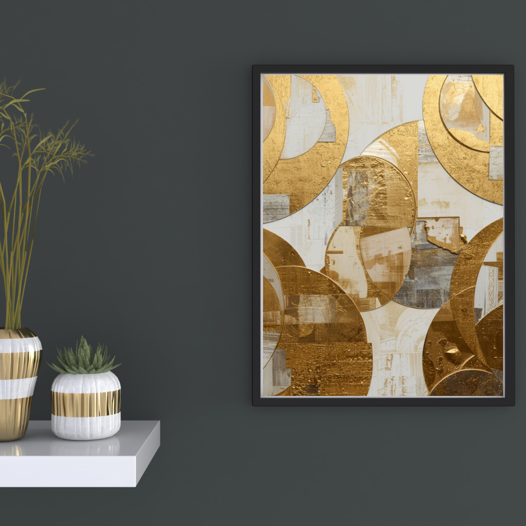 Bold gouden cirkels patroon canvas schilderij in zwarte lijst aan donkergrijze muur in hal met decoratieve vaas en kaarsen — dramatisch luxe wanddecoratie