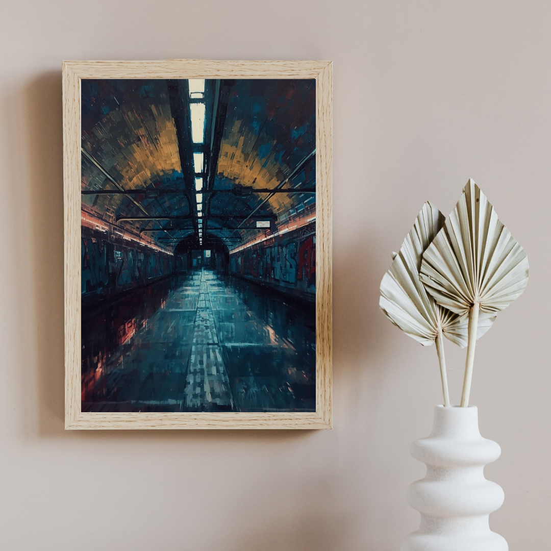 Cinematisch donker tunnel perspectief canvas schilderij met neon lichten en natte vloer in witte lijst aan witte muur in gang met witte vaas — urban wanddecoratie