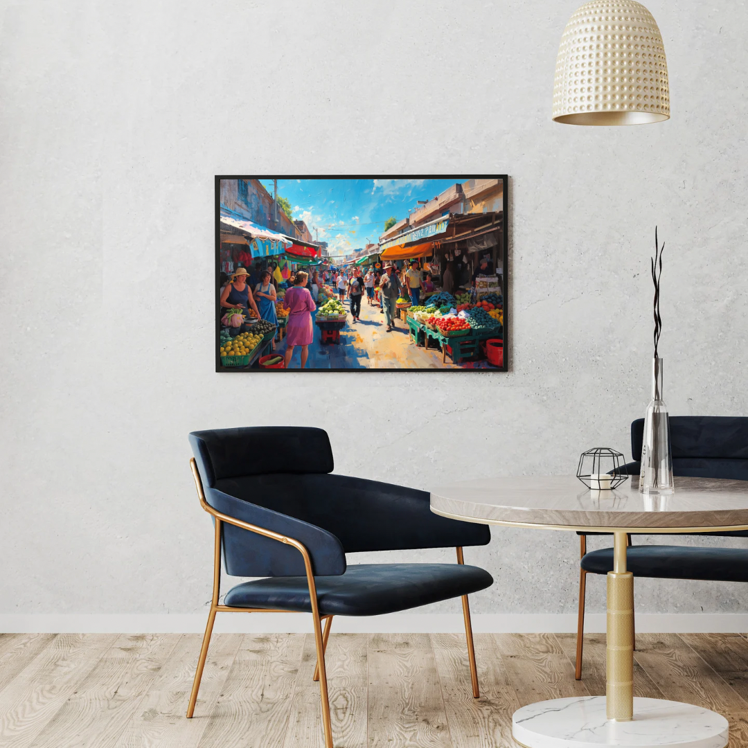 Tropische marktstraat canvas schilderij met kleurrijke kramen en wandelaars in lijst aan witte muur boven zwarte eettafel met stoelen en staande lamp – eetkamer wanddecoratie