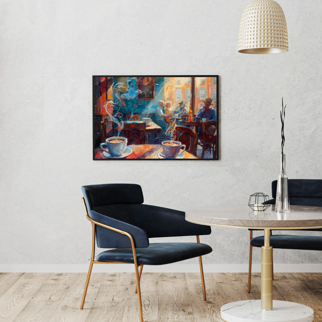 Jazz café canvas schilderij met dampende koffiekopjes en warm gouden licht in lijst aan witte muur boven zwarte eettafel met stoelen en staande lamp – eetkamer wanddecoratie