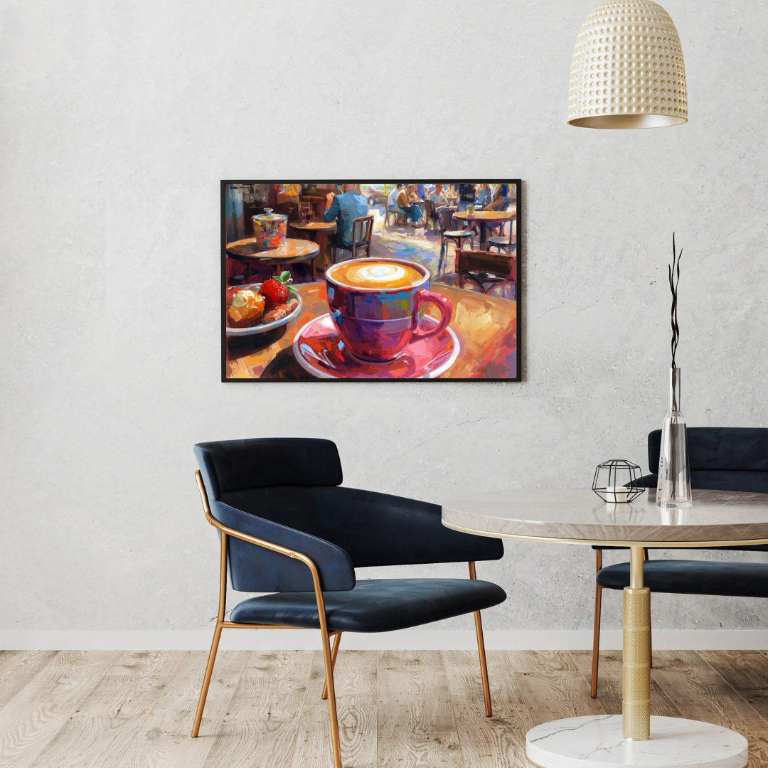 Terras café canvas schilderij met latte art en zonnig buitenterras in lijst aan witte muur boven zwarte eettafel met stoelen en staande lamp – eetkamer wanddecoratie