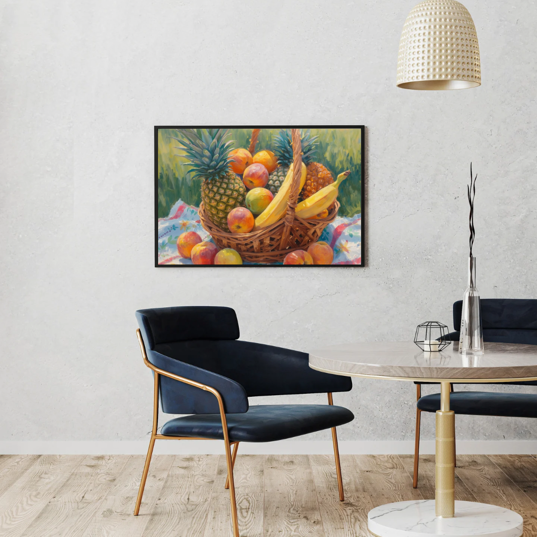 Tropisch fruit mand canvas schilderij met ananas en bananen in lijst aan witte muur boven zwarte eettafel met stoelen en staande lamp – eetkamer wanddecoratie