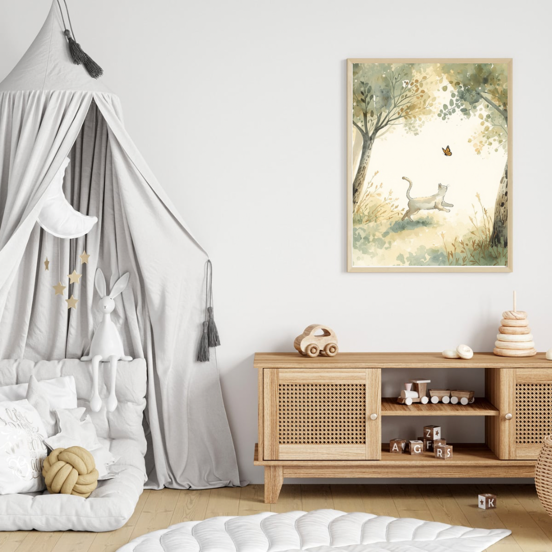 Speels katje achter vlinder aquarel canvas schilderij in naturel houten lijst aan witte muur boven houten commode met hemelbed in lichte babykamer — vrolijke wanddecoratie