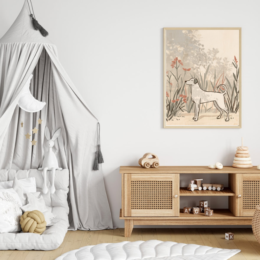 Hond in botanische tuin canvas schilderij in naturel houten lijst aan witte muur boven houten commode met hemelbed in lichte babykamer — wanddecoratie