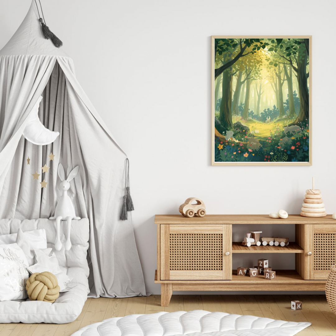 Betoverend sprookjesbos canvas schilderij in donkere lijst aan witte muur boven houten commode met hemelbed in lichte babykamer — magische wanddecoratie