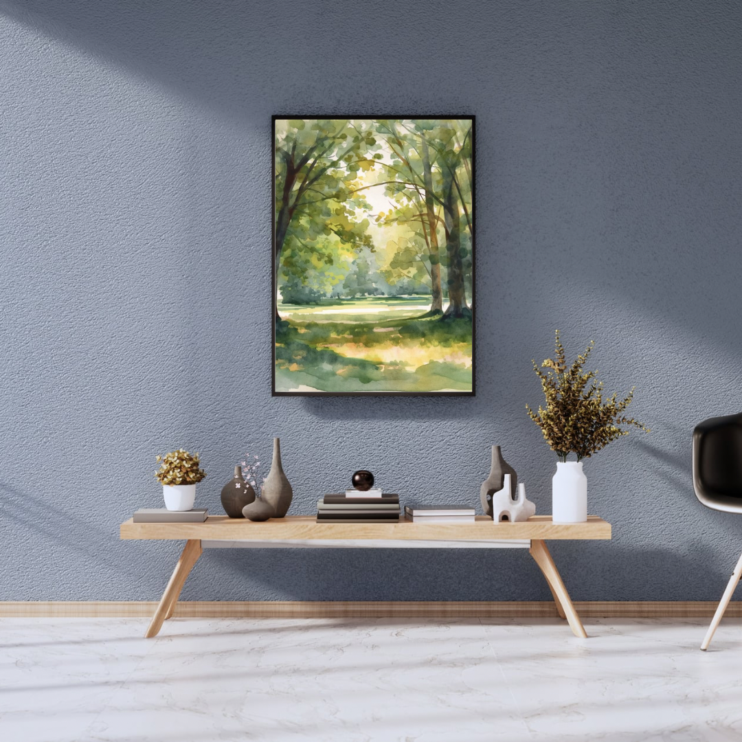 Zwolle bospad aquarel canvas schilderij in donkere lijst aan grijze muur boven houten dressoir in moderne woonkamer — tijdloze wanddecoratie