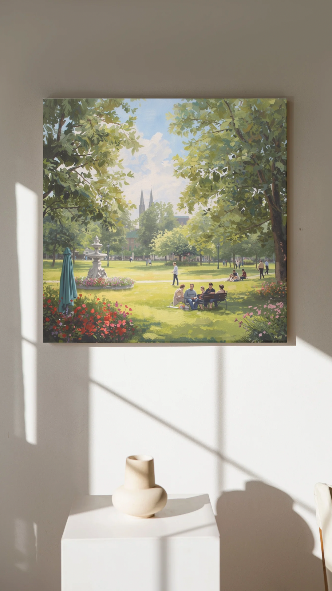 Zwolle stadspark canvas schilderij met mensen, bloemen en kerktoren aan witte muur in lichte moderne woonruimte — premium wanddecoratie