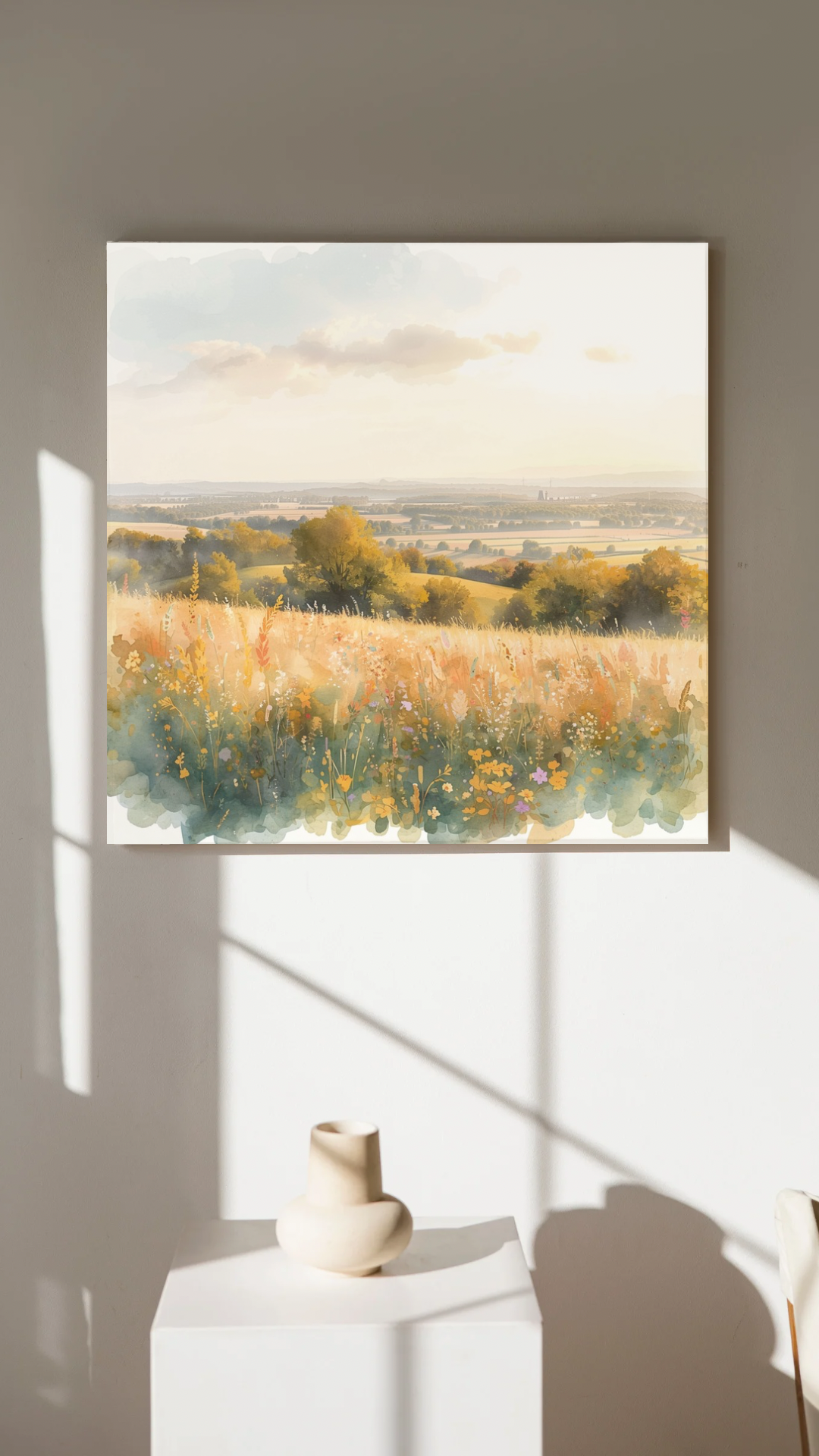 Zwolle herfstlandschap canvas schilderij met gouden velden en mistige horizon aan witte muur in lichte moderne woonruimte — aquarel wanddecoratie