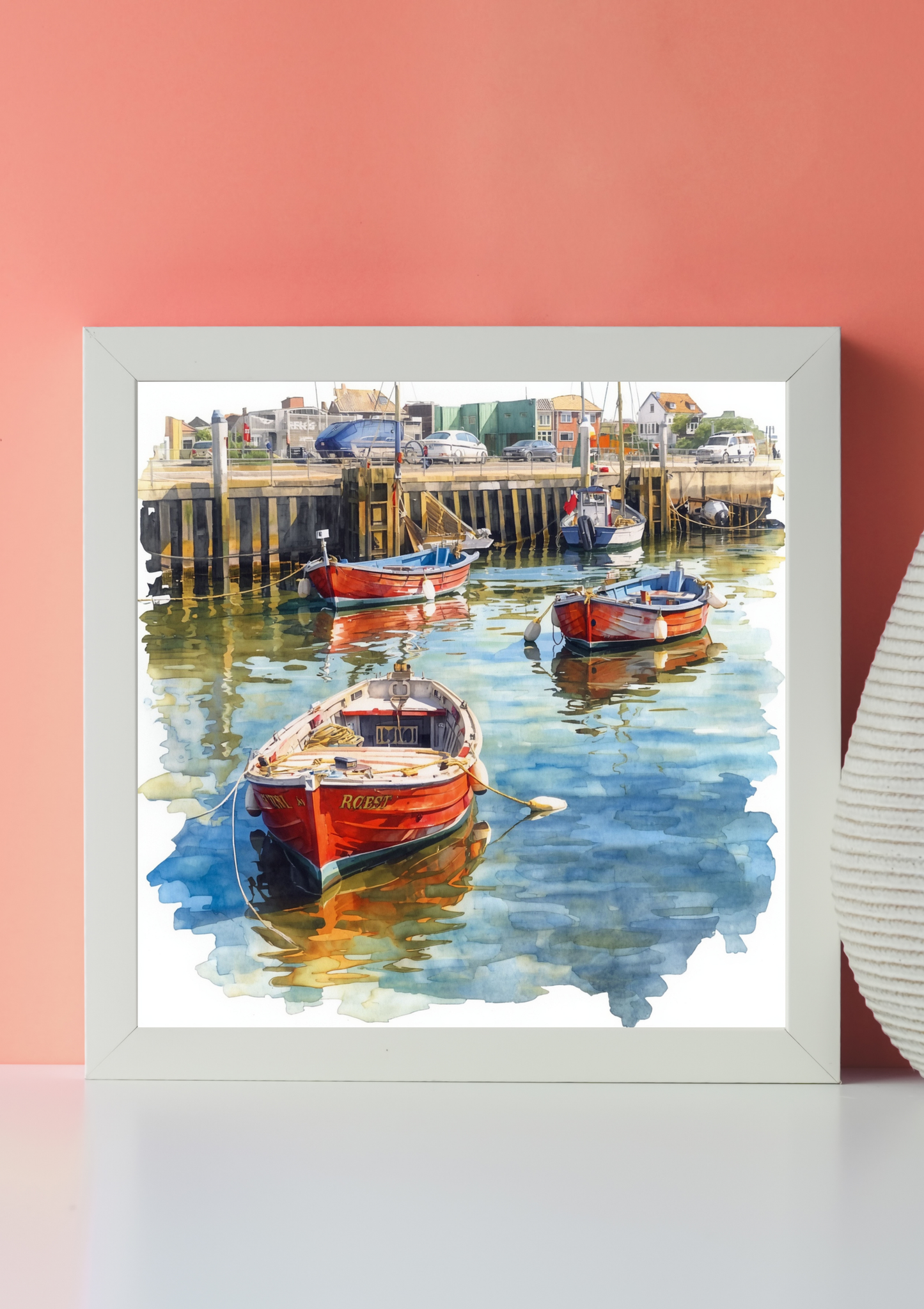 Boot canvas schilderij met kleurrijke vissersbootjes in de haven in wit frame op roze muur in moderne woonruimte — premium wanddecoratie