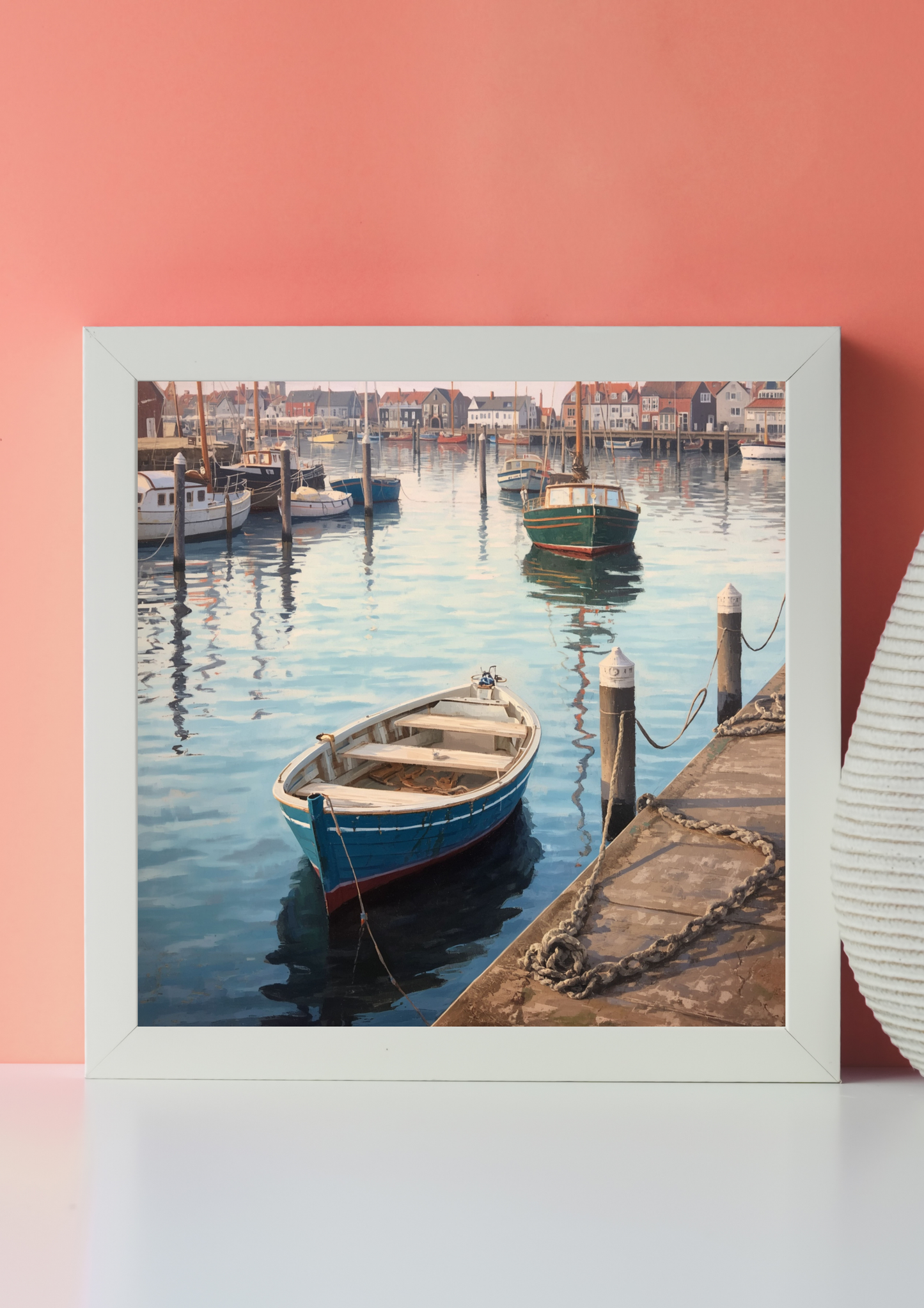 Boot canvas schilderij met blauw roeibootje aan houten steiger en turquoise havenwater in wit frame op roze muur in moderne woonruimte — premium wanddecoratie