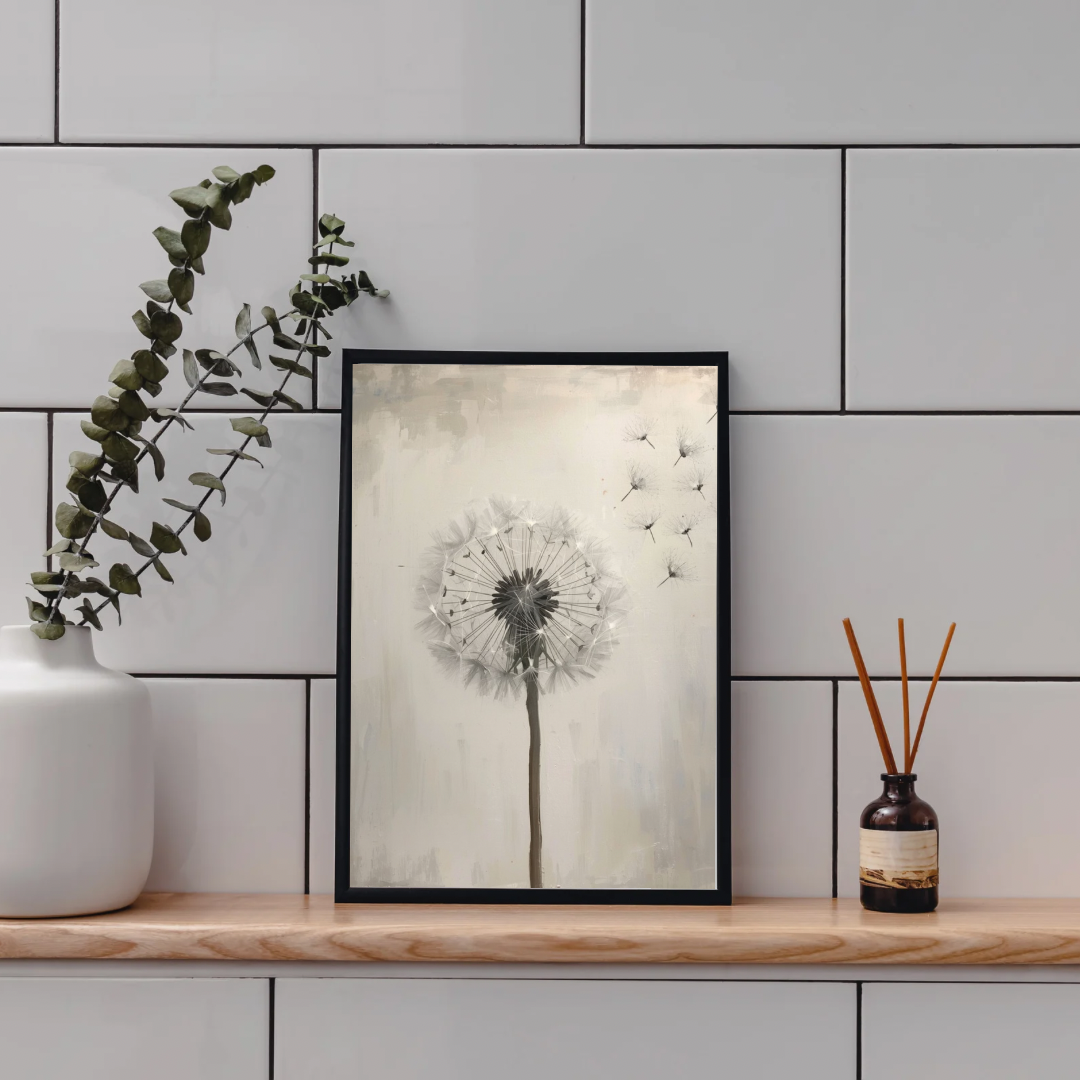 Paardenbloem schilderij in zwarte lijst staand op houten plank aan grijze tegelmuur naast witte vaas met eucalyptus en bruine diffuser – olieverf wall art toilet