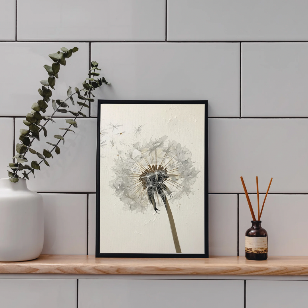Paardenbloem close-up schilderij in zwarte lijst staand op houten plank aan grijze tegelmuur naast witte vaas met eucalyptus en bruine diffuser – olieverf wall art toilet
