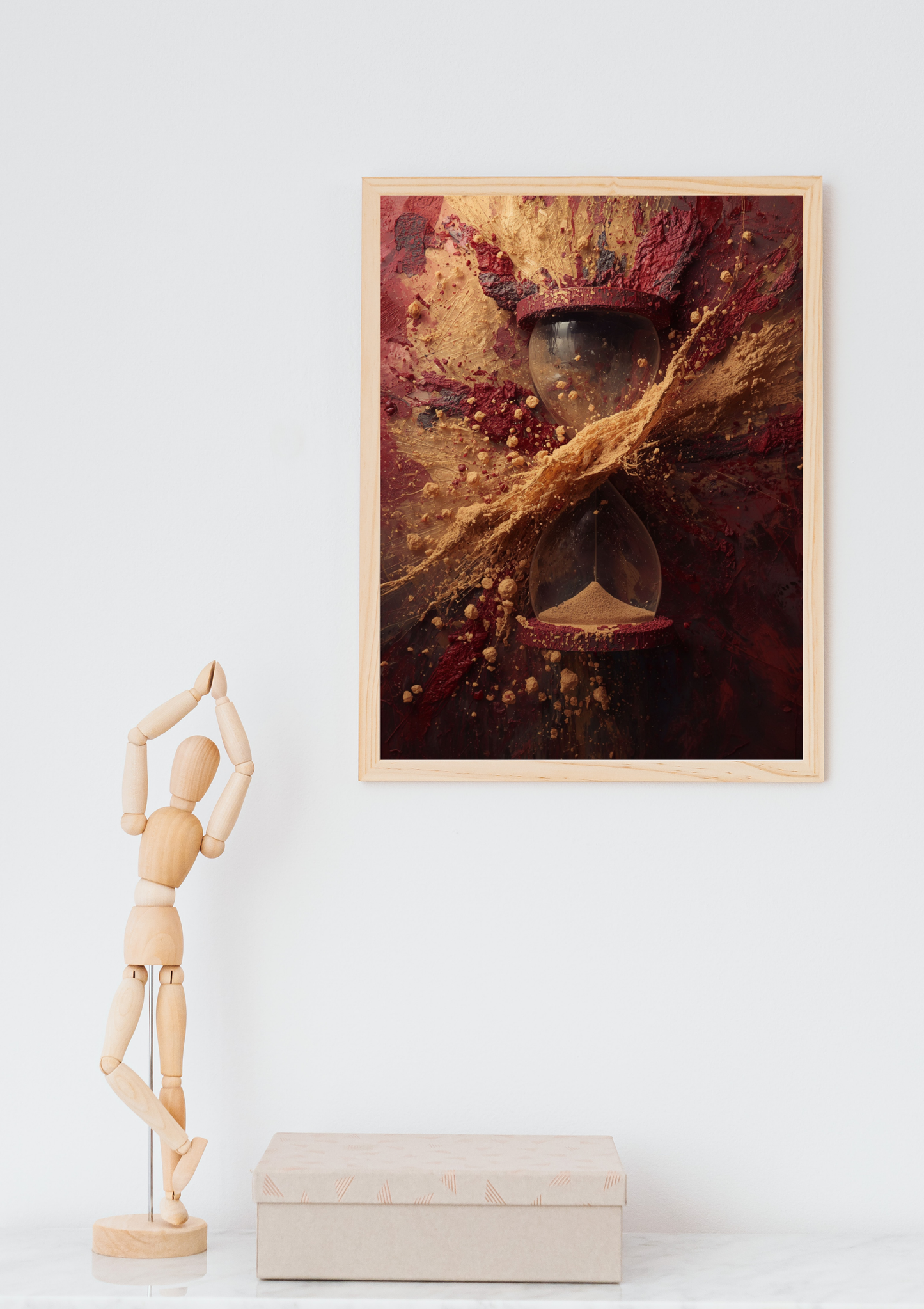 Zandloper gouden explosie schilderij in donkere lijst in houten boogvormige nis boven oranje bureau met bureaustoel en pegboard in modern kantoor – cinematisch wall art thuiskantoor