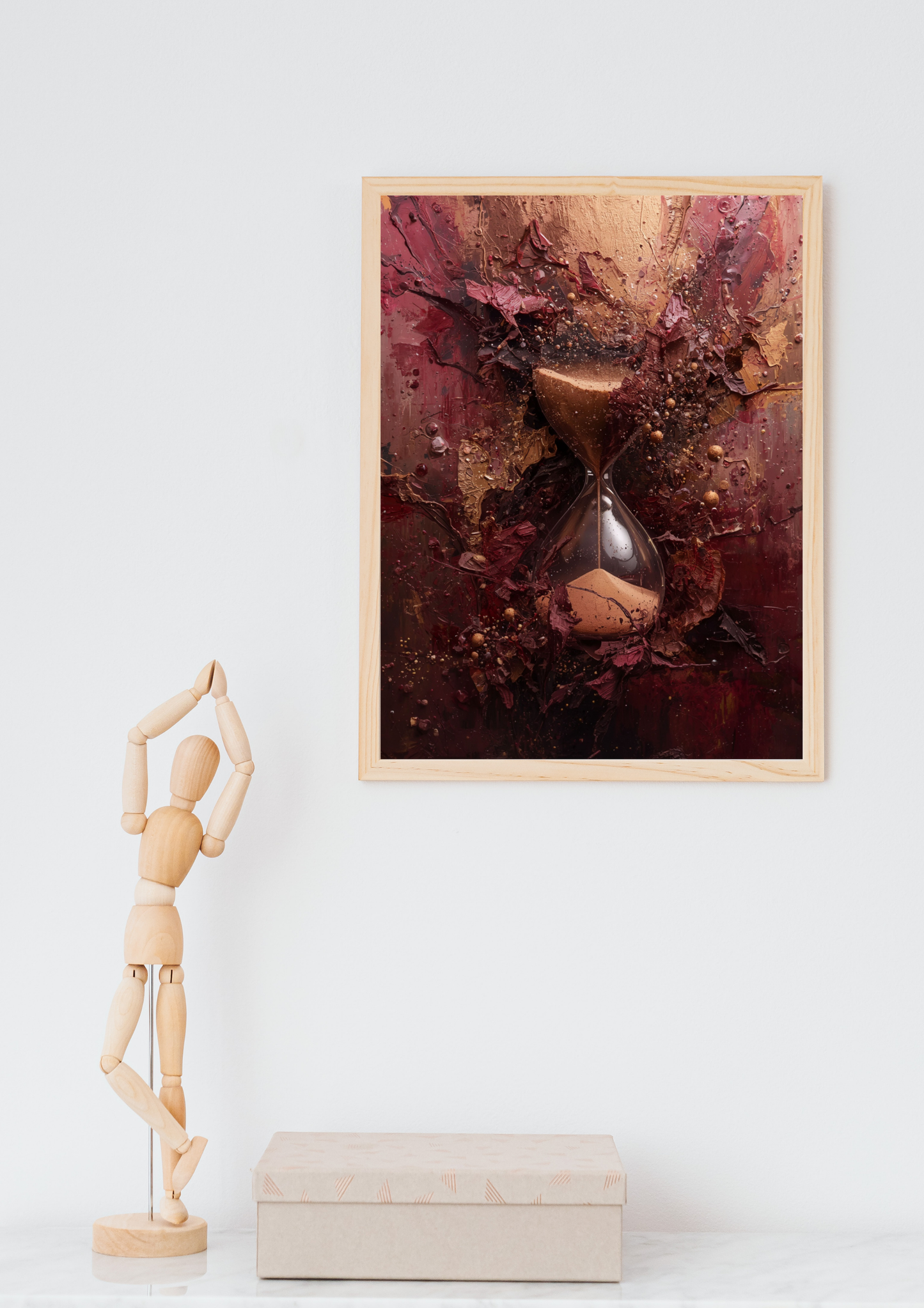 Zandloper bordeaux goud schilderij in naturel houten lijst aan witte muur naast houten paspop en beige doos – cinematisch wall art thuiskantoor