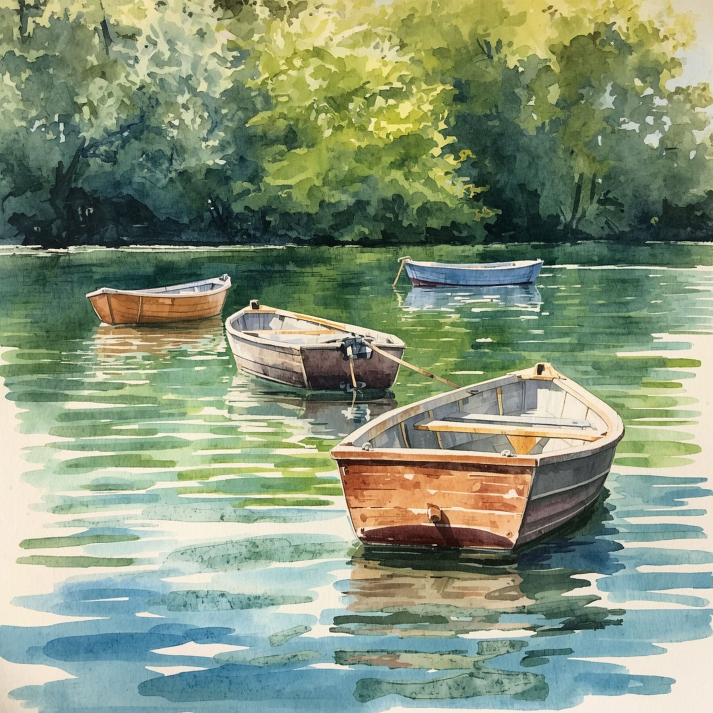 Roeiboot canvas schilderij met vier houten boten op rustig groen meer omringd door weelderige bomen — aquarel wanddecoratie